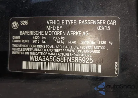 2015 BMW 328I из США, поврежденный, VIN WBA3A5G58FNS86925